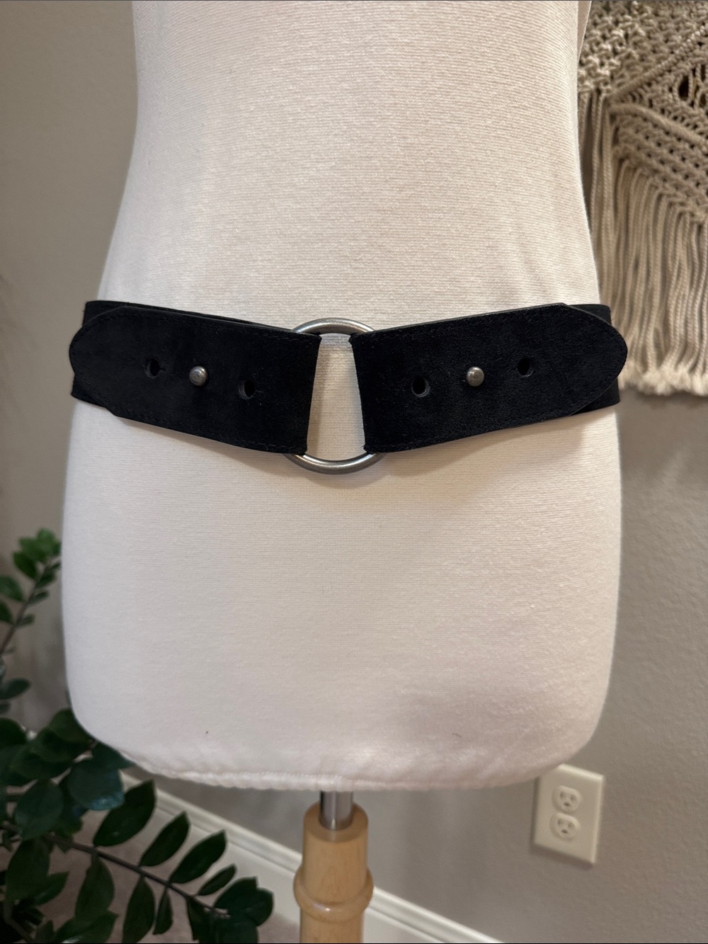 Black real suede and leather belt antique silver buckle xs/sm